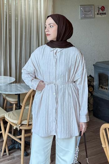 Lamelif Çizgi Detaylı Bağlamalı Gömlek Krem