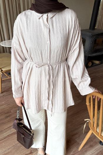 Lamelif Çizgi Detaylı Bağlamalı Gömlek Krem