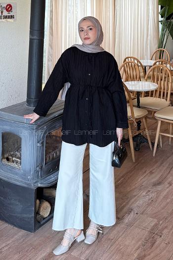 Lamelif Çizgi Detaylı Bağlamalı Gömlek Siyah