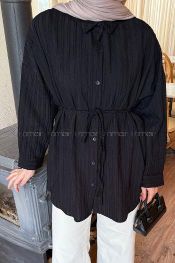 Lamelif Çizgi Detaylı Bağlamalı Gömlek Siyah