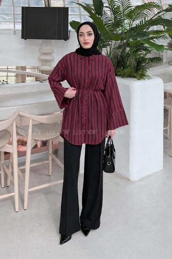 Lamelif Çizgili Bağlamalı Gömlek Bordo