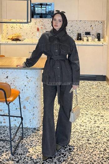 Lamelif Denim Ceket-Pantolon İkili Takım Füme