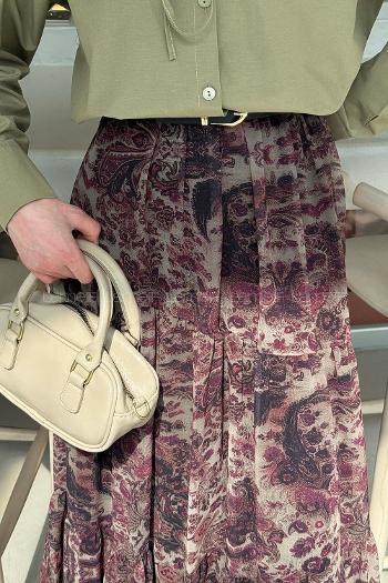 Lamelif Etnik Desen Pileli Etek Haki