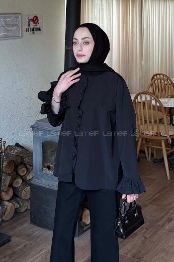 Lamelif Fırfırlı Gömlek Siyah