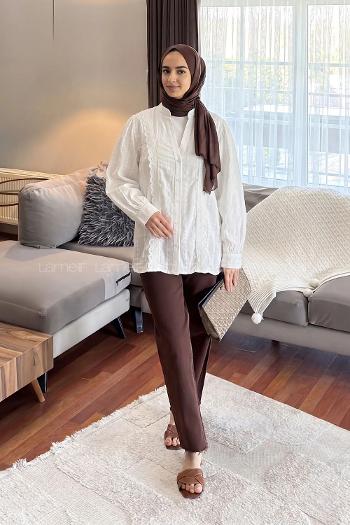 Ecru Mandarin Collar V Neck Long Arm Viscose Shirt