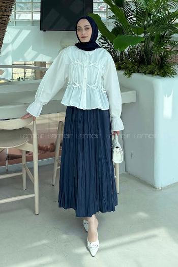 Lamelif Fiyonk Detaylı Büzgülü Gömlek Beyaz