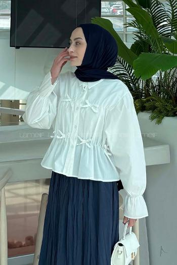 Lamelif Fiyonk Detaylı Büzgülü Gömlek Beyaz