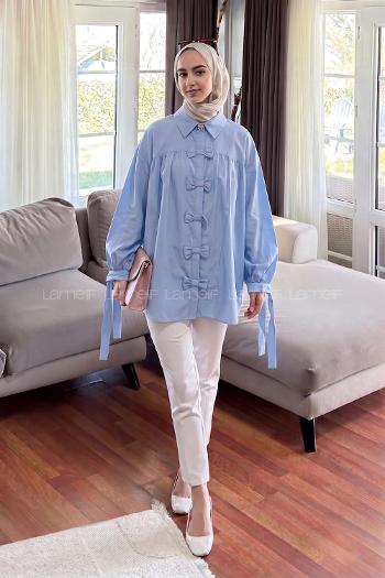 Lamelif Fiyonk Detaylı Ön Kapama Gömlek Bebe Mavisi