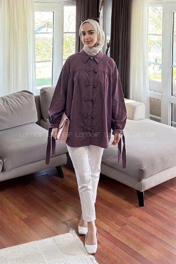 Lamelif Fiyonk Detaylı Ön Kapama Gömlek Mürdüm