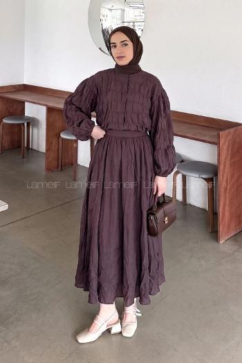 Lamelif Gofre Dokulu Ceket-Etek Takım Mürdüm