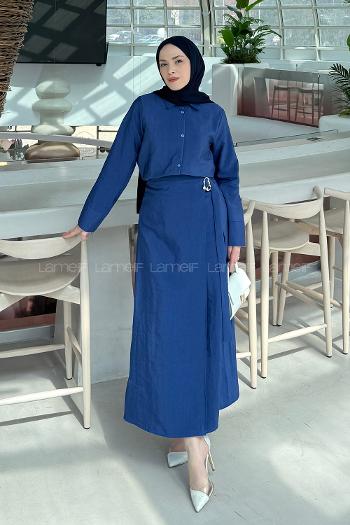 Lamelif Gold Toka Detaylı Etekli Takım İndigo