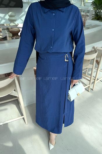 Lamelif Gold Toka Detaylı Etekli Takım İndigo