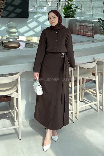 Lamelif Gold Toka Detaylı Etekli Takım Kahverengi