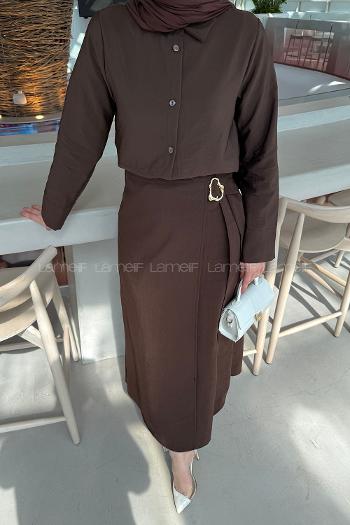 Lamelif Gold Toka Detaylı Etekli Takım Kahverengi