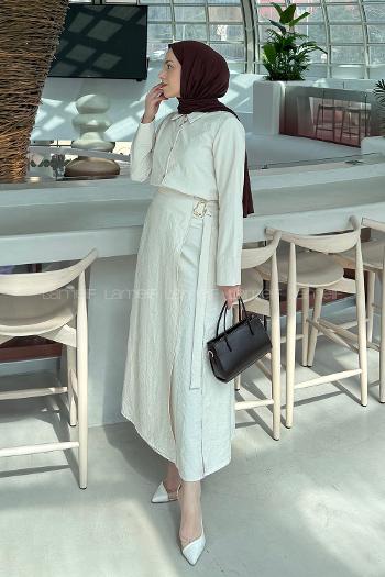 Lamelif Gold Toka Detaylı Etekli Takım Krem