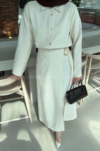 Lamelif Gold Toka Detaylı Etekli Takım Krem