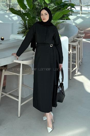 Lamelif Gold Toka Detaylı Etekli Takım Siyah