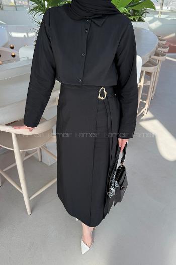 Lamelif Gold Toka Detaylı Etekli Takım Siyah