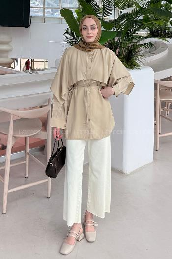 Lamelif Hakim Yaka Pelerinli Gömlek Bej