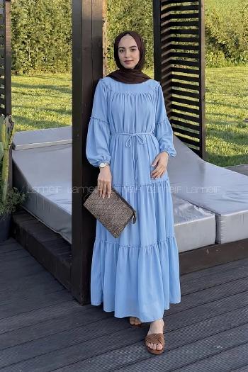 Lamelif Kat Kat Detaylı Tesettür Elbise Bebe Mavisi