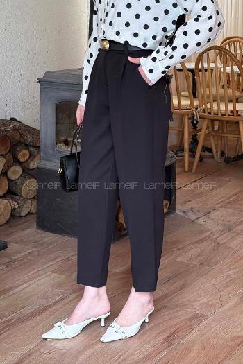 Black Combed Fabric Normal Waist Material Pants
