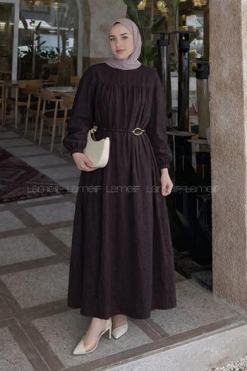 Lamelif Kemer Detaylı Tesettür Elbise Acı Kahve