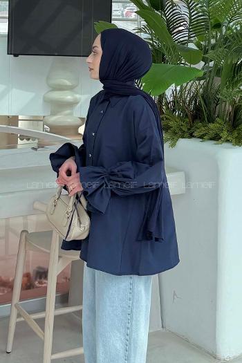 Lamelif Kol Tünel İp Detaylı Gömlek Lacivert