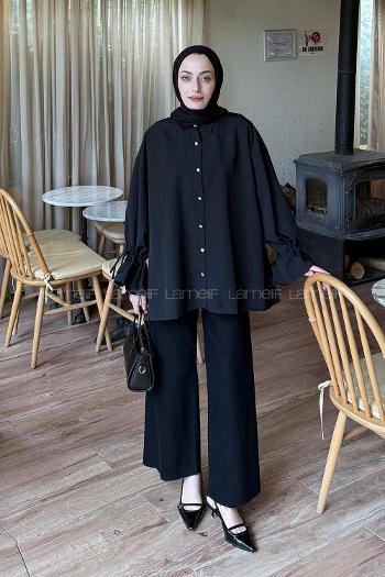 Lamelif Kol Tünel İp Detaylı Gömlek Siyah