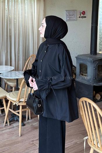 Lamelif Kol Tünel İp Detaylı Gömlek Siyah
