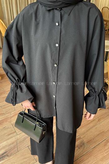 Lamelif Kol Tünel İp Detaylı Gömlek Siyah