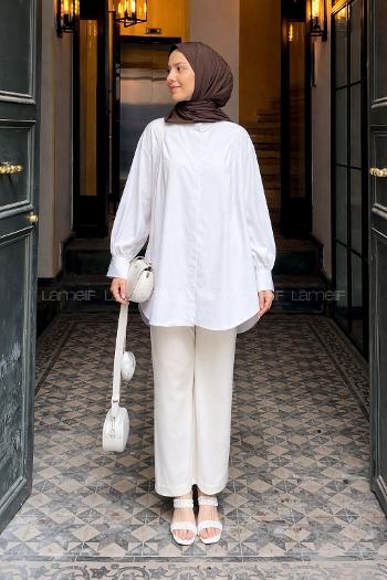 Lamelif Manşeti Biyeli Tunik Beyaz