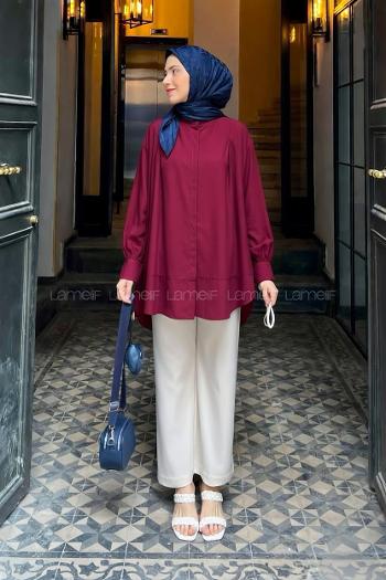 Lamelif Manşeti Biyeli Tunik Bordo