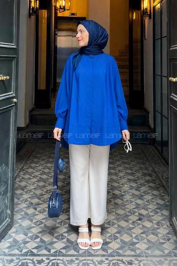 Lamelif Manşeti Biyeli Tunik Mavi