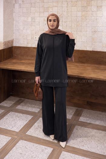 Lamelif Önü Dikişli Takım Siyah