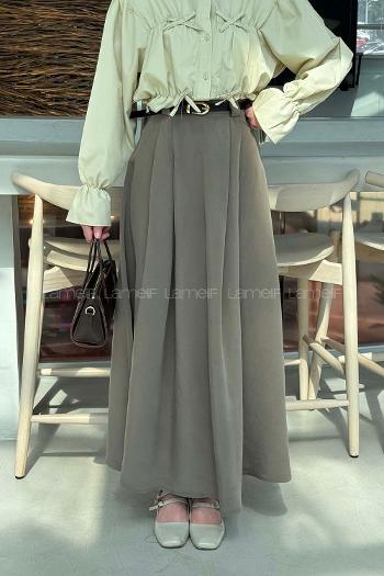 Lamelif Pileli Kemerli Etek Haki