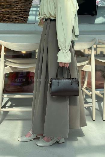 Lamelif Pileli Kemerli Etek Haki