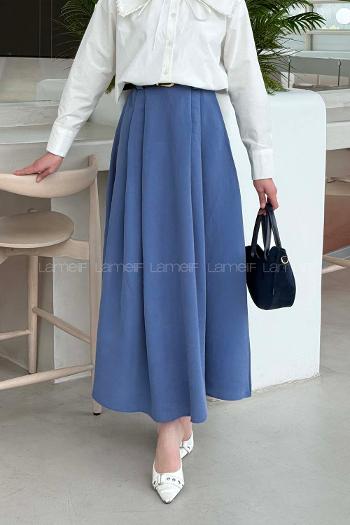 Lamelif Pileli Kemerli Etek İndigo