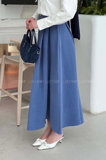 Lamelif Pileli Kemerli Etek İndigo