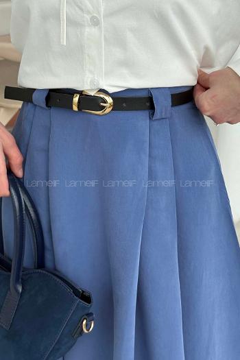 Lamelif Pileli Kemerli Etek İndigo