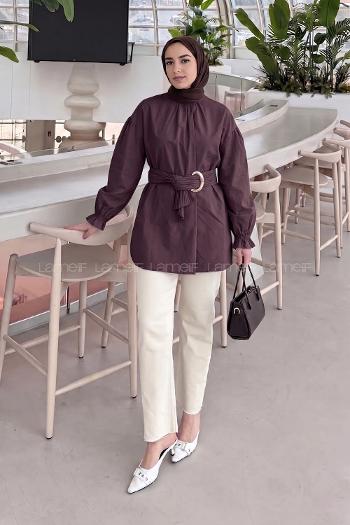 Lamelif Plise Kemerli Tunik Mürdüm