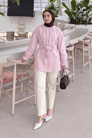 Lamelif Plise Kemerli Tunik Şeker Pembesi
