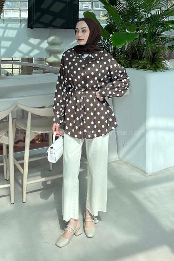 Lamelif Puantiyeli Bağlama Detaylı Gömlek Acı Kahve