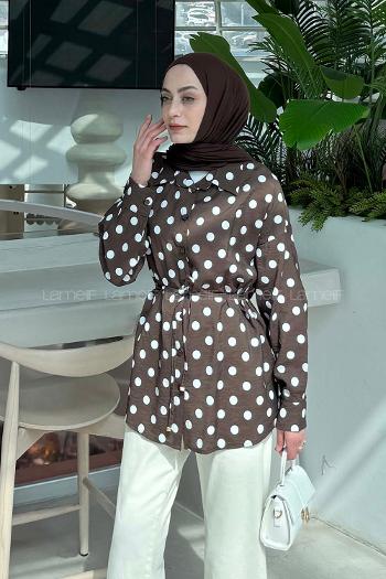 Lamelif Puantiyeli Bağlama Detaylı Gömlek Acı Kahve