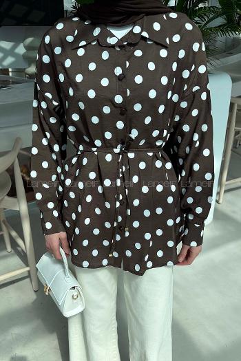 Lamelif Puantiyeli Bağlama Detaylı Gömlek Acı Kahve