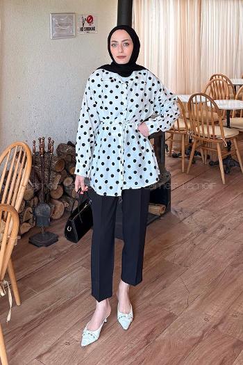 Lamelif Puantiyeli Bağlama Detaylı Gömlek Beyaz-Siyah