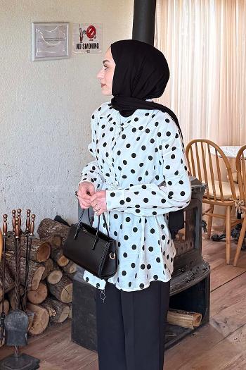 Lamelif Puantiyeli Bağlama Detaylı Gömlek Beyaz-Siyah