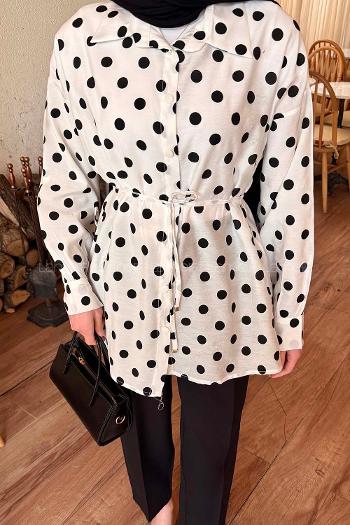 Lamelif Puantiyeli Bağlama Detaylı Gömlek Beyaz-Siyah