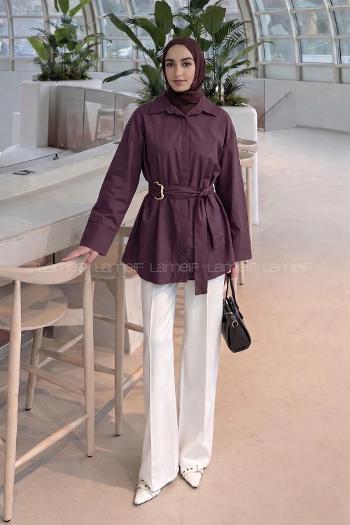 Lamelif Toka Detaylı Uzun Kuşaklı Gömlek Mürdüm