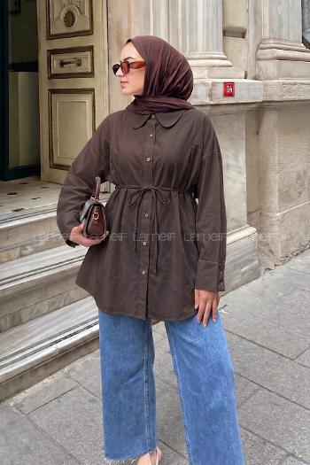 Lamelif Bağlama Detaylı Takma Manşet Gömlek Acı Kahve