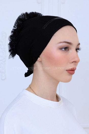 Lamelif Çift Likralı Silikonlu Fırfırlı Bone Siyah